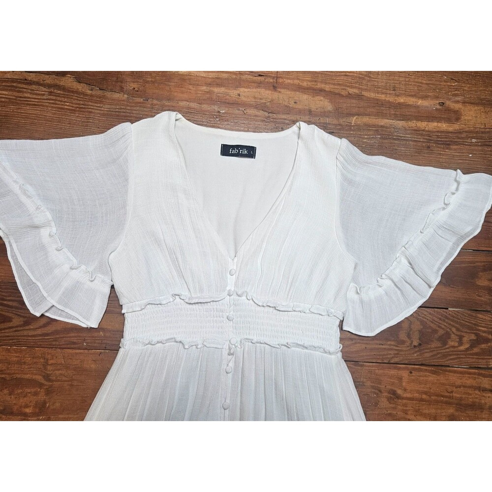 FAB'RIK Maxi Dress White Women Sz L Ruffles Tiers V-Neck Bohemian Cottagecore - Picture 10 of 11